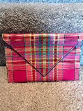 BRAND NEW!  Baekgaard genuine leather Pink Multicolor Plaid Envelope Clutch